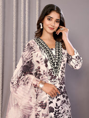 Women's Cotton Blend Embroidered Straight Kurta Pant With Dupatta-ME155-surbhiWhitblck-SKD
