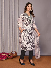 Women's Cotton Blend Embroidered Straight Kurta Pant With Dupatta-ME155-surbhiWhitblck-SKD