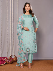 Women's Embroidered Straight Kurta Pant With Dupatta-ME159-surbhiSeaBlu-SKD