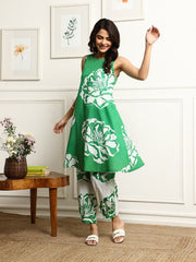 Women's Printed Flared Kurta With Pant Set-ME167-GREN-COSET