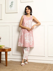 Women's Printed Flared Kurta With Pant Set-ME167-PINK-COSET