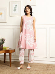 Women's Printed Flared Kurta With Pant Set-ME167-PINK-COSET