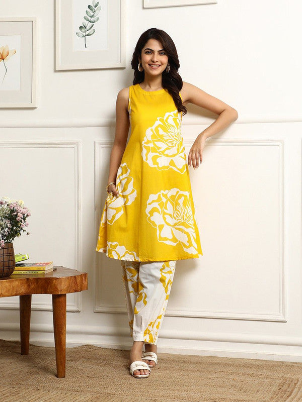Women's Printed Flared Kurta With Pant Set-ME167-YELO-COSET