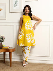 Women's Printed Flared Kurta With Pant Set-ME167-YELO-COSET