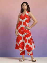 Women's Printed A-Line Kurta With Pant Set-ME168-REDWHIT-COSET