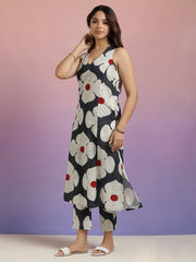 Women's Printed A-Line Kurta With Pant Set-ME168-WHITBLCK-COSET