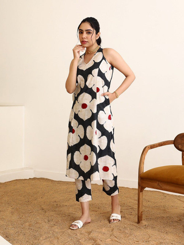 Women's Printed A-Line Kurta With Pant Set-ME168-WHITBLCK-COSET