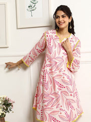 Women's Printed A-Line Kurta With Pant Set-ME169-PINK-COSET