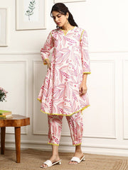 Women's Printed A-Line Kurta With Pant Set-ME169-PINK-COSET