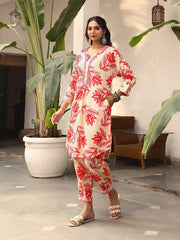 Women's Printed A-Line Kurta With Pant Set-ME172-RED-COSET