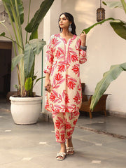 Women's Printed A-Line Kurta With Pant Set-ME172-RED-COSET