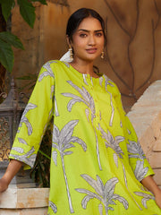 Women's Printed A-Line Kurta With Pant Set-ME174-LIME-COSET