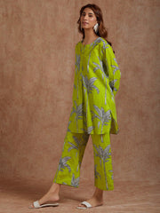Women's Printed A-Line Kurta With Pant Set-ME174-LIME-COSET