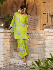 Women's Printed A-Line Kurta With Pant Set-ME174-LIME-COSET