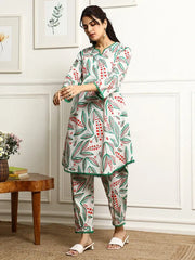 Women's Printed A-Line Kurta With Pant Set-ME175-GREEN-COSET