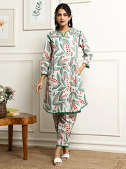 Women's Printed A-Line Kurta With Pant Set-ME175-GREEN-COSET