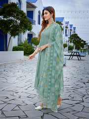 Women's Viscose Solid Flared Kurta Pant With Dupatta-ME176-surbhiLigtgrn-SKD
