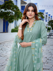 Women's Viscose Solid Flared Kurta Pant With Dupatta-ME176-surbhiLigtgrn-SKD