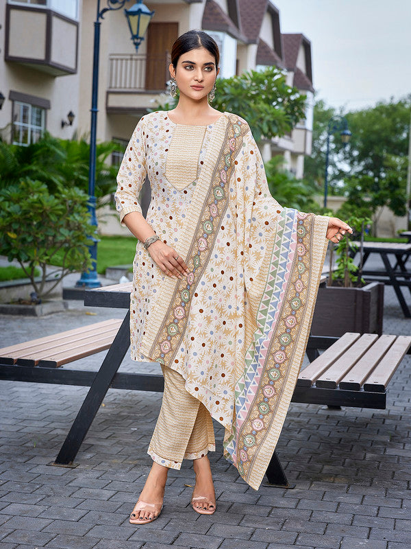 Women's Cotton Blend Printed Straight Kurta Pant With Dupatta-ME179-MAGIC-YELO