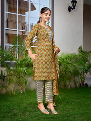 Women's Cotton Blend Printed Straight Kurta Pant With Dupatta-ME180-MAGIC-MUSTRG