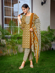 Women's Cotton Blend Printed Straight Kurta Pant With Dupatta-ME180-MAGIC-MUSTRG