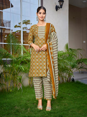Women's Cotton Blend Printed Straight Kurta Pant With Dupatta-ME180-MAGIC-MUSTRG