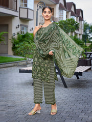 Women's Cotton Blend Printed Straight Kurta Pant With Dupatta-ME181-MAGIC-BOTLEGRN