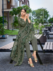Women's Cotton Blend Printed Straight Kurta Pant With Dupatta-ME181-MAGIC-BOTLEGRN