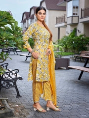 Women's Cotton Blend Printed Straight Kurta Pant With Dupatta-ME182-MAGIC-YELOFLORL