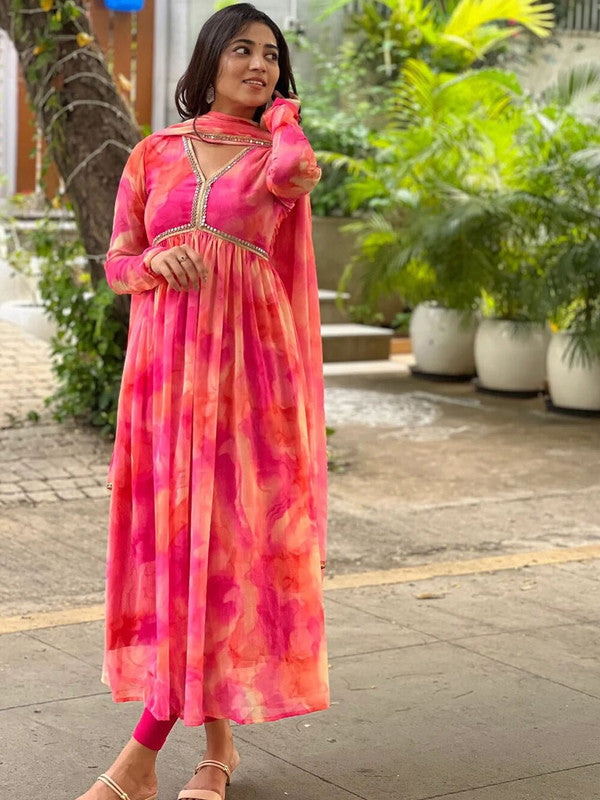 Women's Georgette Yoke Design Printed Flared Gown Pant With Dupatta