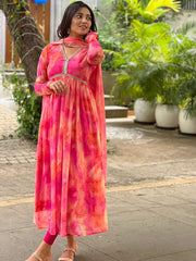 Women's Georgette Yoke Design Printed Flared Gown Pant With Dupatta-ME54-pinkgownD