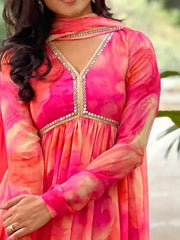 Women's Georgette Yoke Design Printed Flared Gown Pant With Dupatta-ME54-pinkgownD