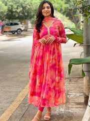 Women's Georgette Yoke Design Printed Flared Gown Pant With Dupatta-ME54-pinkgownD