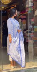 Women's Viscose Floral Printed Straight Kurta Pant With Dupatta-ME55 WHITE & BLUEKPD