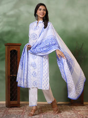 Women's Viscose Floral Printed Straight Kurta Pant With Dupatta-ME55 WHITE & BLUEKPD01