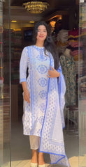 Women's Viscose Floral Printed Straight Kurta Pant With Dupatta-ME55 WHITE & BLUEKPD