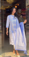 Women's Viscose Floral Printed Straight Kurta Pant With Dupatta-ME55 WHITE & BLUEKPD