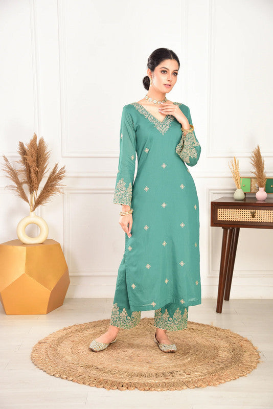 Women's Viscose chanderi Embroidered Straight Kurta Pant With Dupatta