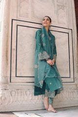 Women's Viscose chanderi Embroidered Straight Kurta Pant With Dupatta-ME60 Pine Green KPD
