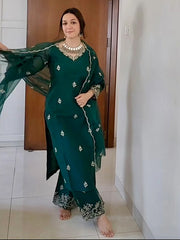 Women's Viscose silk Floral Embroidered Straight Kurta Palazzo With Dupatta-ME61 Nryn-Green