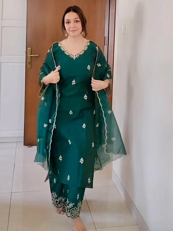 Women's Viscose silk Floral Embroidered Straight Kurta Palazzo With Dupatta-ME61 Nryn-Green