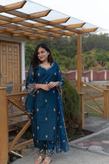 Women's Viscose silk Floral Embroidered Straight Kurta Palazzo With Dupatta-ME61 Nryn-Tealblue