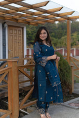 Women's Viscose silk Floral Embroidered Straight Kurta Palazzo With Dupatta-ME61 Nryn-Tealblue