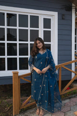Women's Viscose silk Floral Embroidered Straight Kurta Palazzo With Dupatta-ME61 Nryn-Tealblue