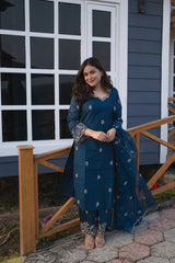 Women's Viscose silk Floral Embroidered Straight Kurta Palazzo With Dupatta-ME61 Nryn-Tealblue