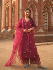 Women's Viscose silk Embroidered Straight Kurta Pant With Dupatta-ME61 Nryn-wine