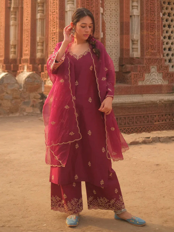 Women's Viscose silk Embroidered Straight Kurta Pant With Dupatta