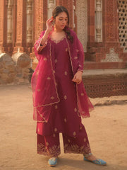 Women's Viscose silk Embroidered Straight Kurta Pant With Dupatta-ME61 Nryn-wine