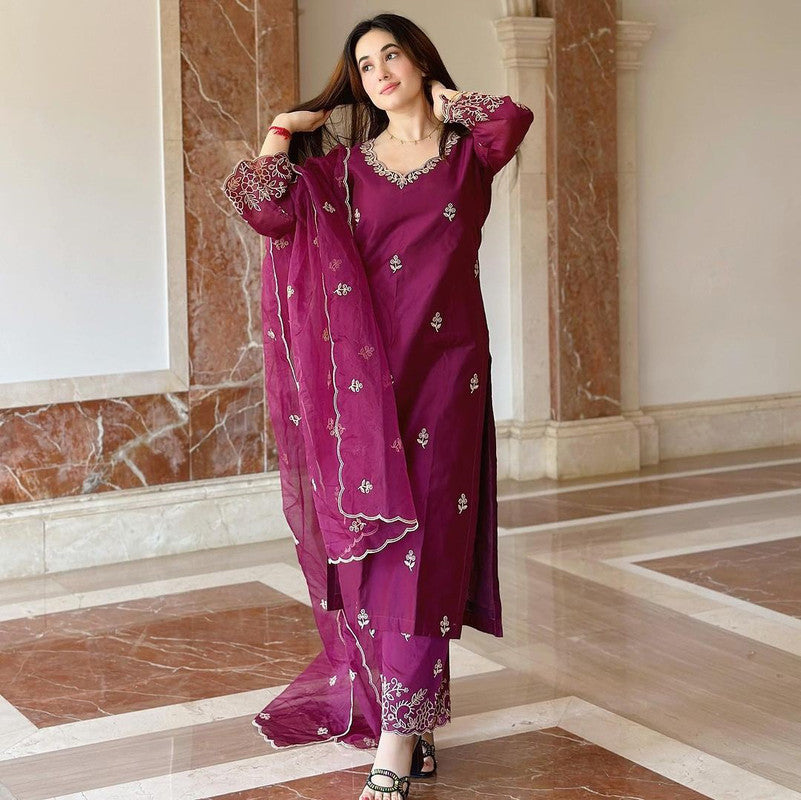 Women's Viscose silk Embroidered Straight Kurta Pant With Dupatta