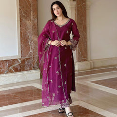 Women's Viscose silk Embroidered Straight Kurta Pant With Dupatta-ME61 Nryn-wine02